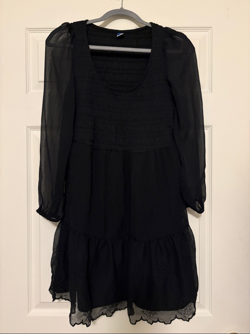 Black Long Sleeve Chiffon Tiered Dress - Sheer Sleeves, Sheer Overlay Skirt